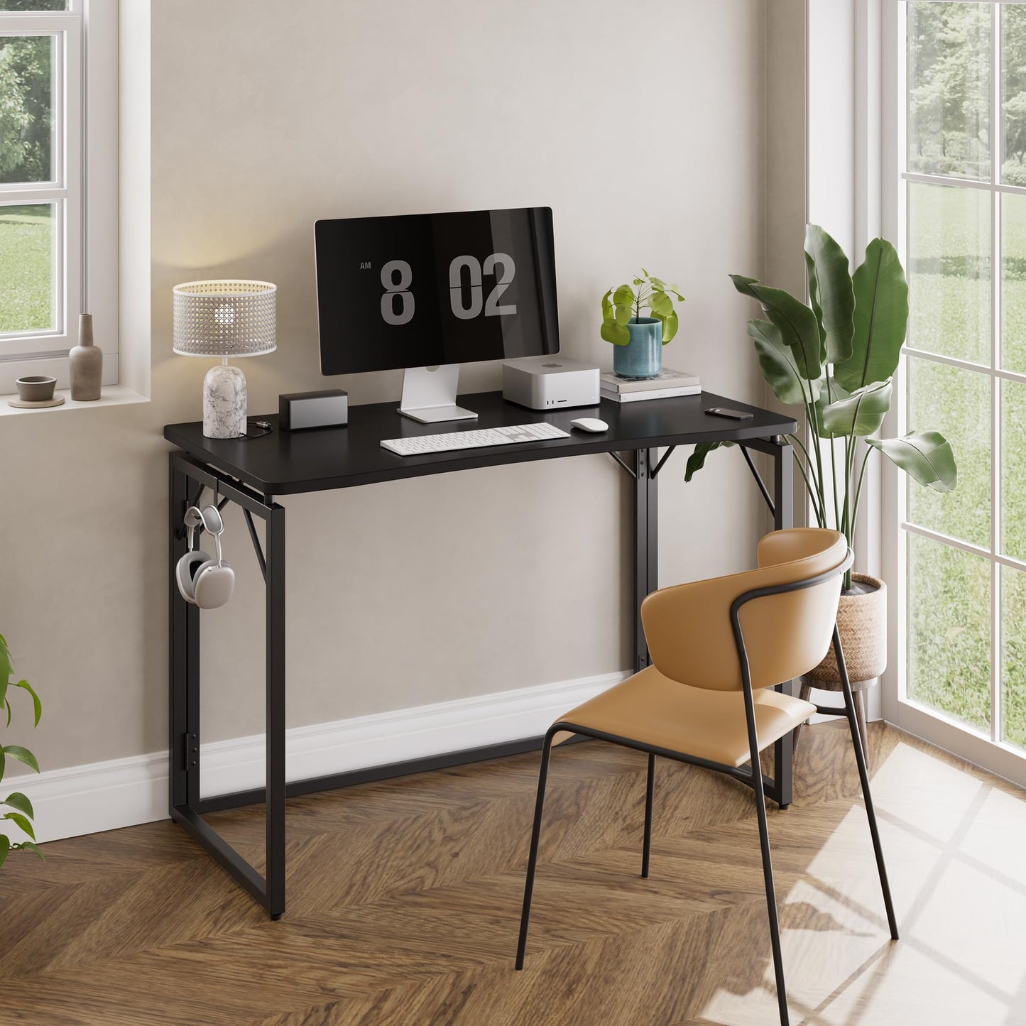 JOYMOOP Black 100 x 50 cm Folding Desk, No Assembly Small Foldable Desk for Home, Office, Wooden Top Folding Computer Desk for Working, Writing