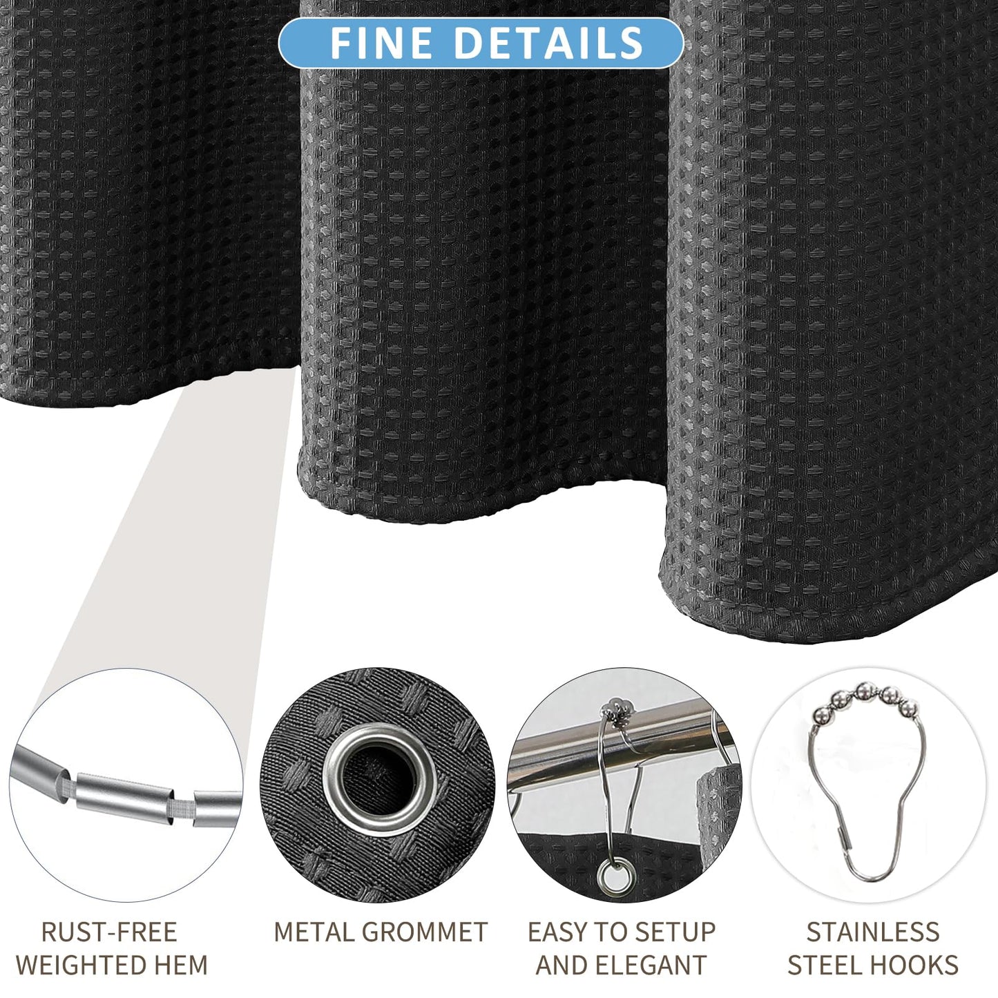 FY&XZH Heavy-Duty Waffle Weave Shower Curtain with Stainless Steel Hooks, Thick Fabric for Bathroom, Hotel, Spa & Salon-183 x 198cm (Black)
