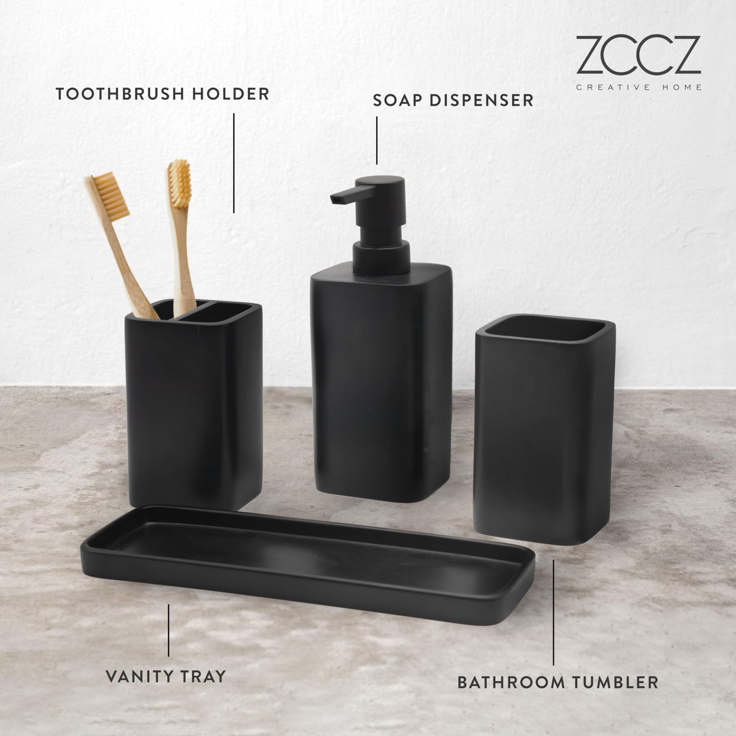 zccz Bathroom Accessory Set - 4 Piece Organiser with Toothbrush Holder, Soap Dispenser, Tumbler and Tray - Black Matte Accessories
