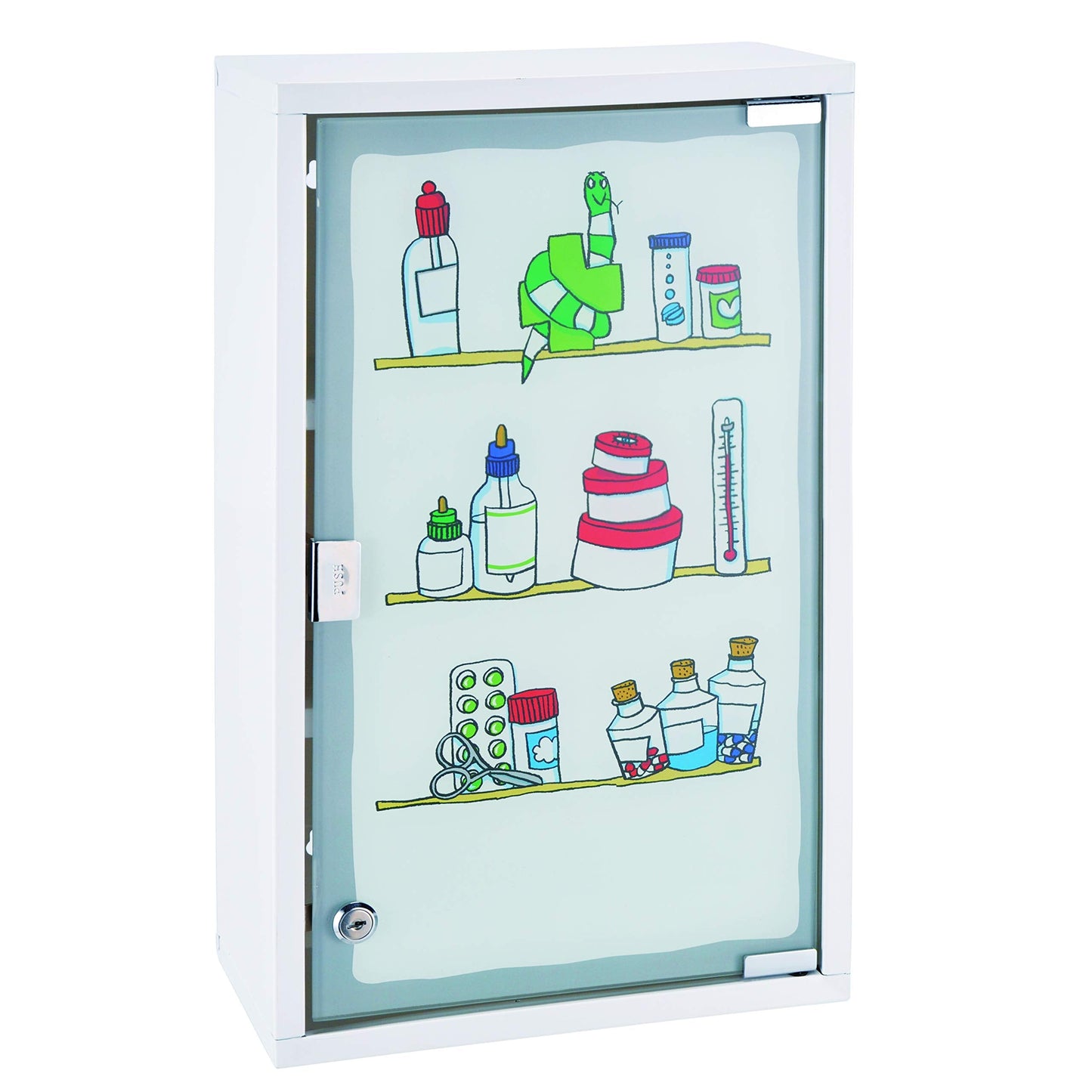 Haushalt International HI Medicine Cabinet Metal with Glass Door and Lock (Printed) in White - Medicine Cabinet for Medicine Storage, Lockable