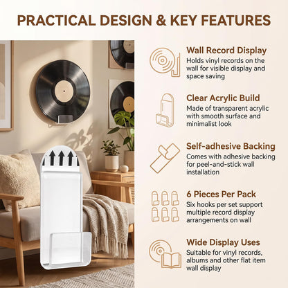 QUUPY 6Pcs Clear Vinyl Record Wall Mounts