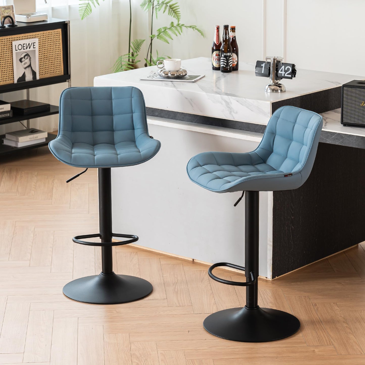 YOUTASTE Modern Bar Stools Set of 2, PU Leather Height Adjustable Swivel Chair with Backrest & Footrest, Height Counter Stools for Breakfast Bar