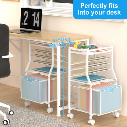 BOHDK Rolling File Cart, 6-Tier Under Desk Organiser on Lockable Wheels, Black Wood Planks & Mesh File Cart with Sliding Drawer and Paper Trays for