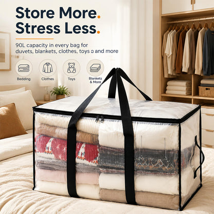 4 Pack Large Moving Boxes Storage Bags,90L Clear Storage Bags with Zips and Lids,Transparent Clothes Storage Boxes,Large Moving Bags for College Dorm