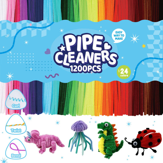 1200 Pcs Pipe Cleaners Bulk, 24 Colors Fuzzy Chenille Stems, Thick Fuzzy Sticks for DIY Arts Crafts, Room Decor, Creative School Projects, Party