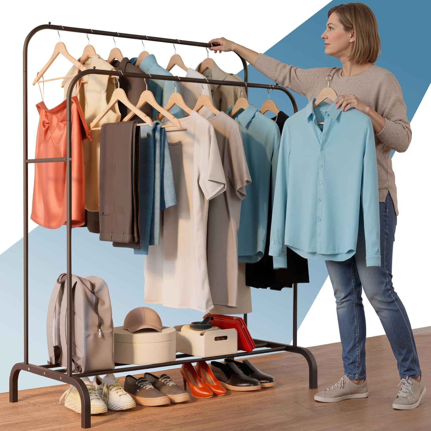 PORTENTUM Heavy duty clothes rail in steel – up to 35 kg – with double rail and shoe shelf – Clothing rack with non-slip feet