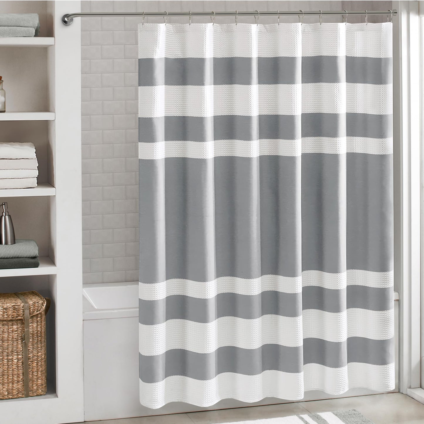 Madison Park Shower Curtain Waffle Weave Striped Pieced Design Fabric Shower Curtains for Bathroom with 3M Scotchgard Moisture Management Premium Spa