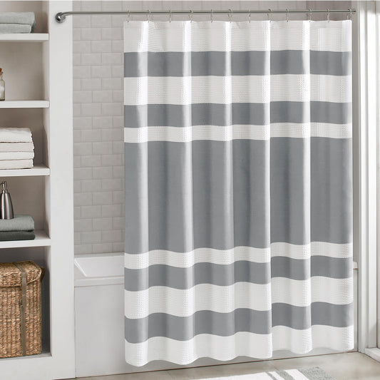 Madison Park Shower Curtain Waffle Weave Striped Pieced Design Fabric Shower Curtains for Bathroom with 3M Scotchgard Moisture Management Premium Spa