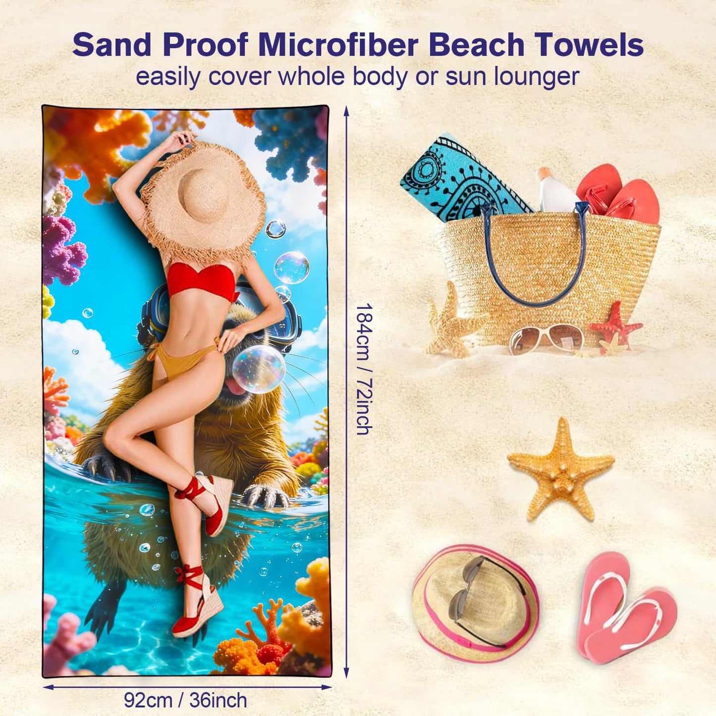 Violetpos Snorkeling Capybara Beach Towel, Extra Large 180x90 cm 250GSM Microfibre, Sand Free Quick Dry