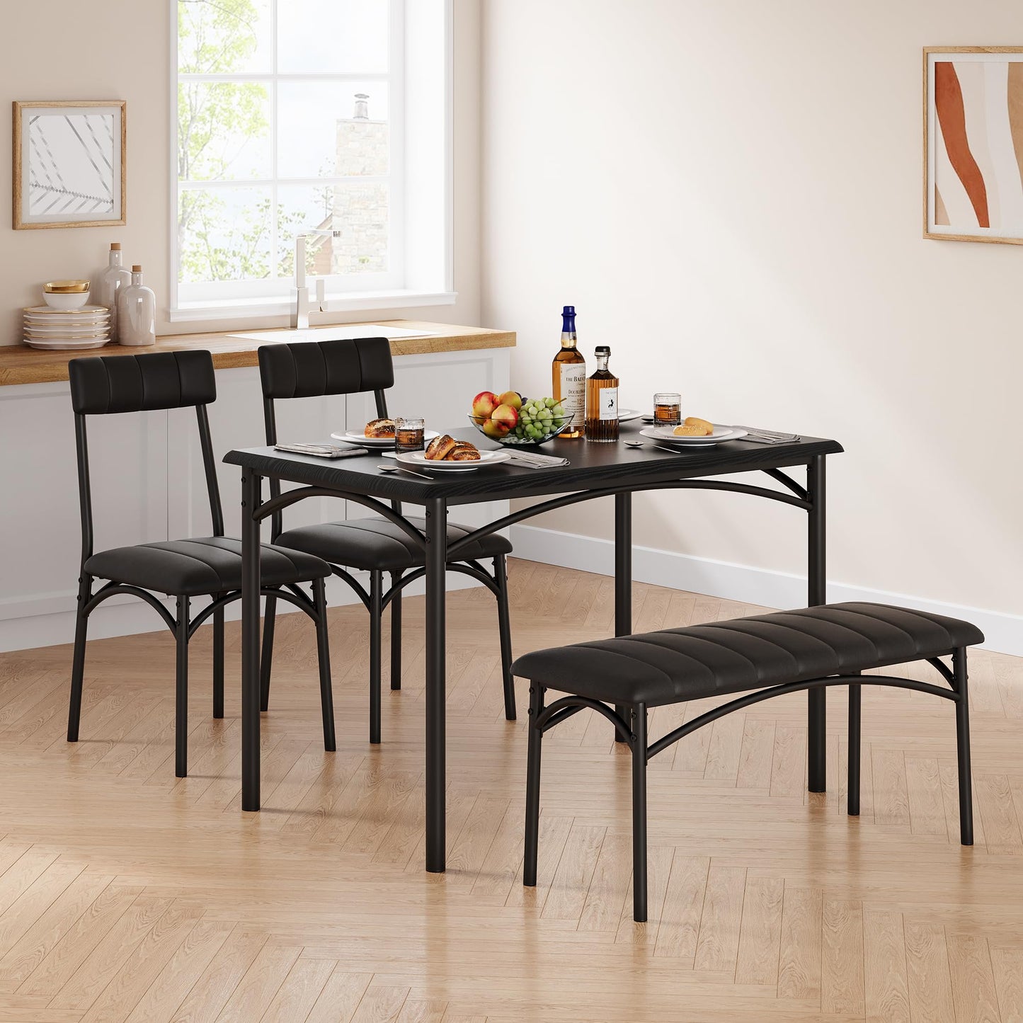 Lidzopas Dining Table Set Upholstered Chairs & Bench, Compact Space-Saving, Industrial Rustic Metal Frame, Sturdy Durable
