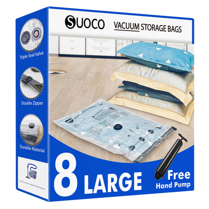 Vacuum Storage Bags 8 Large, Space Saver Bags with Travel Hand Pump, Compression Seal Bags for Clothes, Duvets
