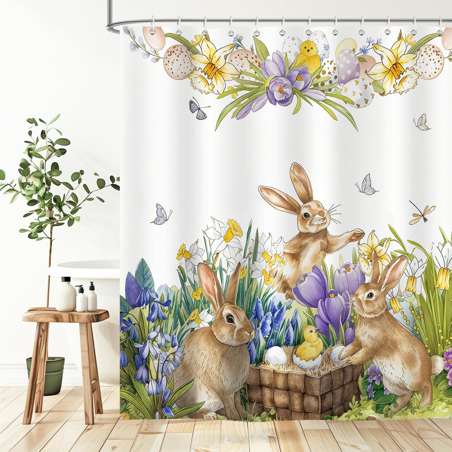 BREASOME Spring Easter Bunny Shower Curtain 180 x 180 cm Cute Rabbit Chicken Egg Floral Shower Curtain for Bathroom Decor Mould Proof Waterproof