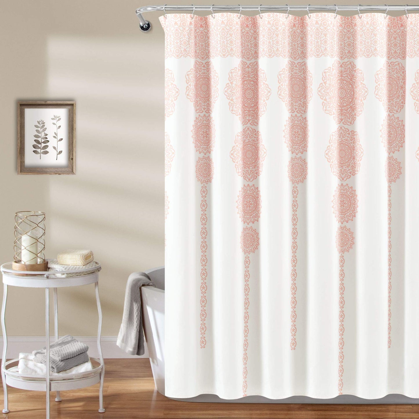 Lush Decor Stripe Medallion Shower Curtain-Fabric Mandala Bohemian Damask Print Design, Blue, Polyester, Blush, 72" W x 72" L (Pack of 1)