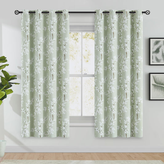 Fmfunctex Green Floral Blackout Curtains for Bedroom 72 inch Drop Eyelet Curtains for Living Room Nursary Blossom Thermal Insulated Window Curtain