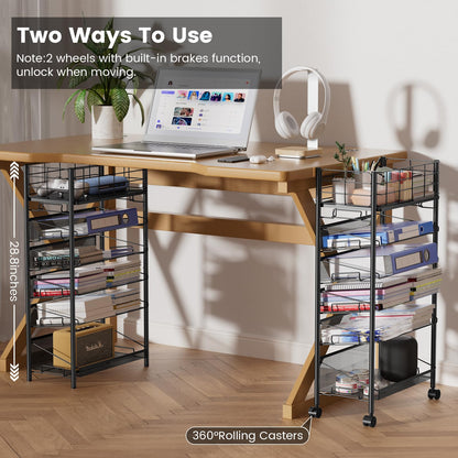 6 Tier Metal Mesh File Trolley with Lockable Wheels, Slim Rolling File Cart Desk Side Organiser