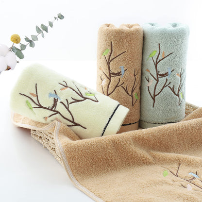 Pidada Hand Towels Set of 2 Embroidered Bird Tree Pattern 100% Cotton Absorbent Soft Decorative Towel for Bathroom 35 x 75 cm (Light Yellow)