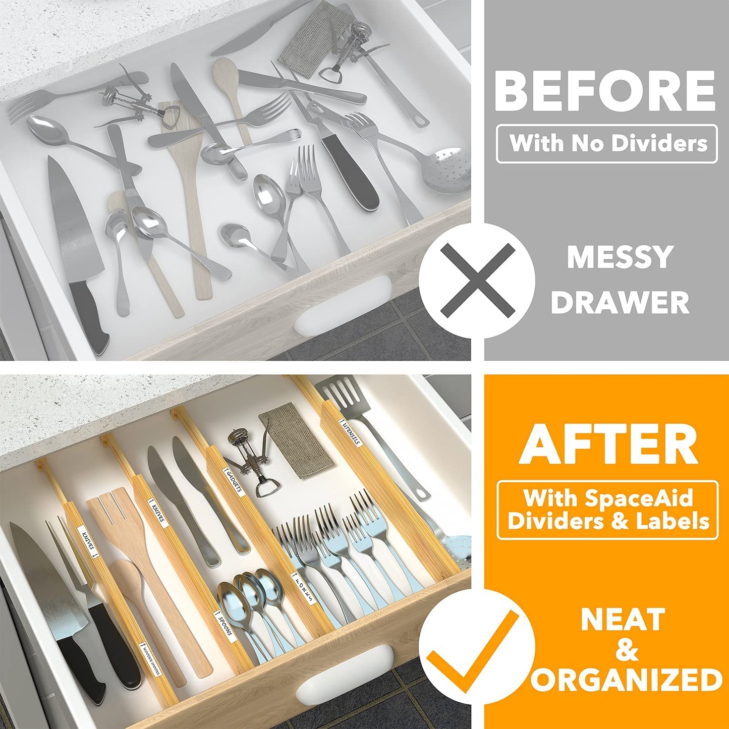 SpaceAid Bamboo Drawer Dividers with Labels, Kitchen Adjustable Drawer Organizers, Expandable Organization for Home, Office, Dressers and Bathroom