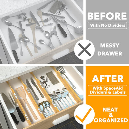 SpaceAid Bamboo Drawer Dividers with Labels, Kitchen Adjustable Drawer Organizers, Expandable Organization for Home, Office, Dressers and Bathroom