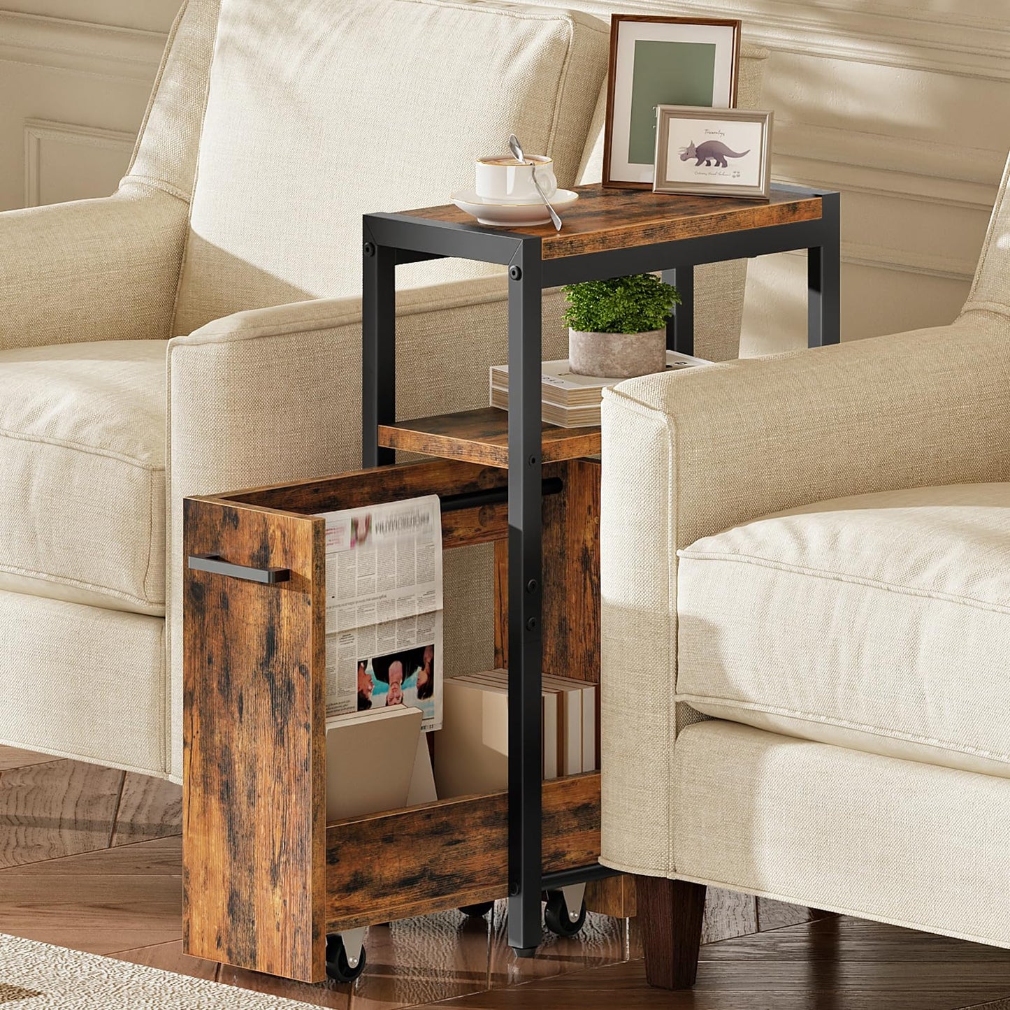 HOOBRO Narrow Side Table, 3-Tier Slim End Table with Pull-Out Drawer for Small Spaces, Industrial Storage Shelf with Wheeled Drawer for Living Room