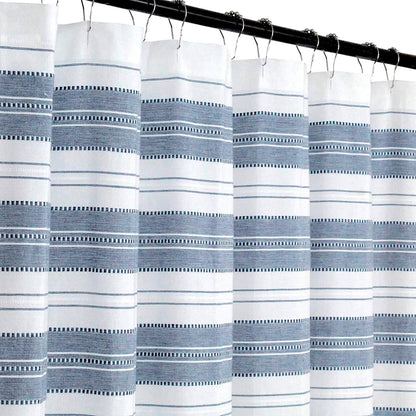 Serafina Home Nautical Chambray Blue and White Fabric Shower Curtain: Cotton Luxury Hotel Stripe with Detailed Eyelet Decorative Weave (Navy)