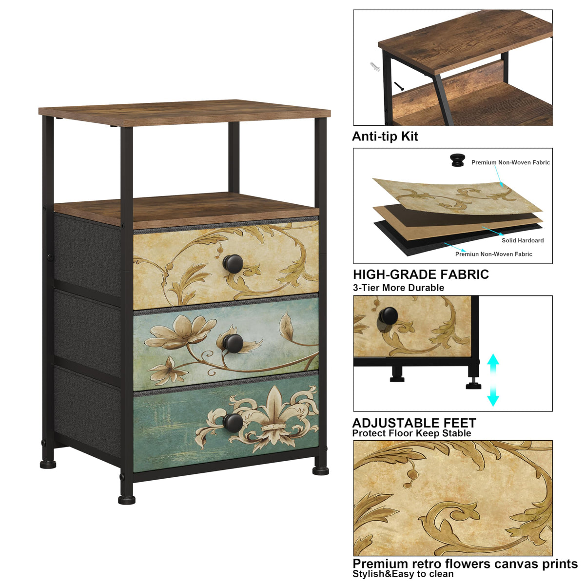 VEDECASA Chest of Drawers with Open Shelf 3 Drawers Dresser for Bedroom Vintage Bedside Table Nightstand Cabinet for Living Room Sofa Couch Closet