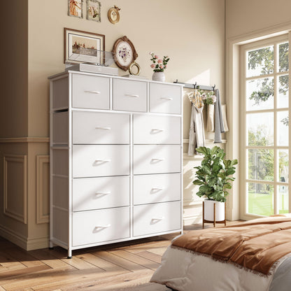 Flrrtenv Chest of Drawer with 11 Drawers, Modern Bedroom Cabinte, Fabric Drawers with Wooden Top, Sturdy Metal Frame, Tall White Hallway Storage Unit