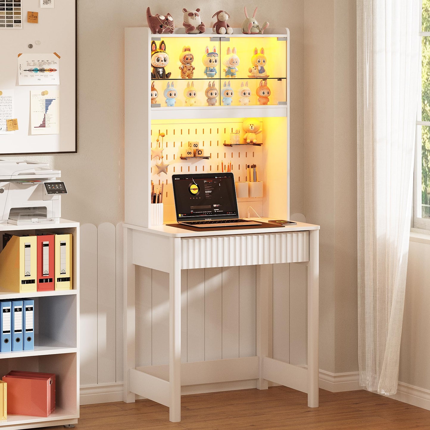 Small Computer Desk with Socket and Sliding Lamp for Home Office,White