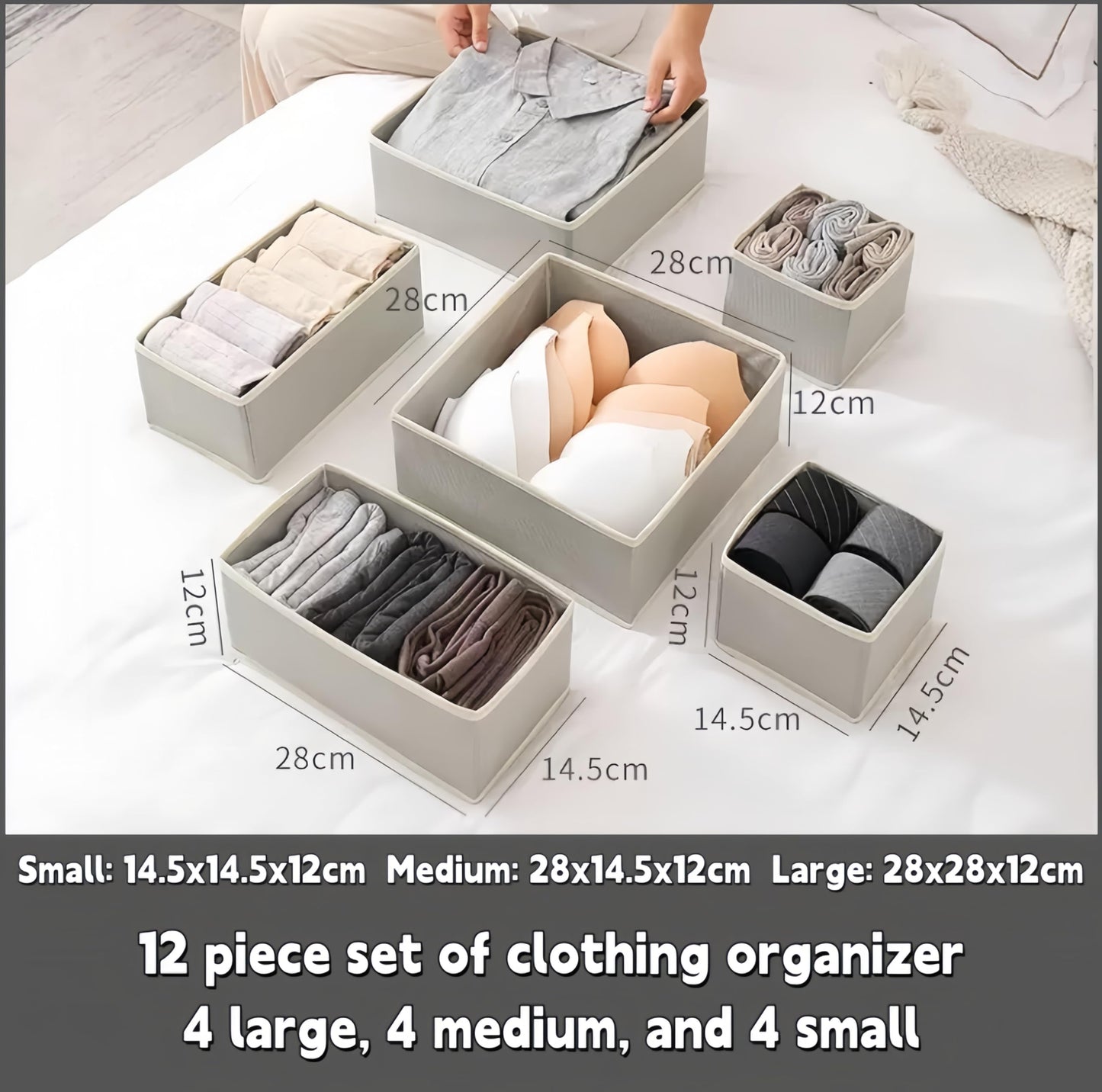 Uwenkjie 12-Piece Fabric Drawer Organiser Set - Foldable Storage Compartments for Clothes, Underwear, Socks, Scarves & Cosmetics
