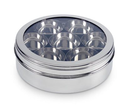 Zinel 7203 Stainless Steel Spice Box/Masala Dabba with 7 Comparments and Transparent Lid, 22cm, 22 cm , Silver