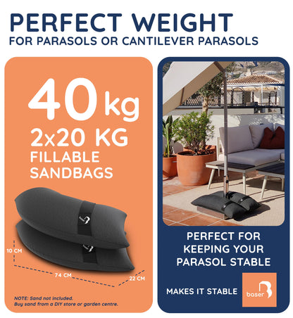 Baser - Outdoor fillable curved sandbags, 2 x 20 KG fillable weight bags for parasols, cantilevers and garden accessories