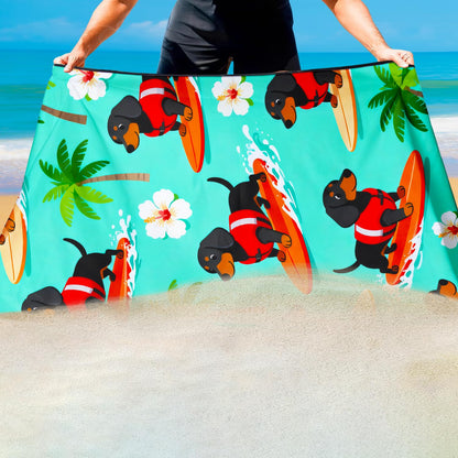 Violetpos Surfing Dachshund Beach Towel, Extra Large 180x90 cm 250GSM Microfibre, Sand Free Quick Dry