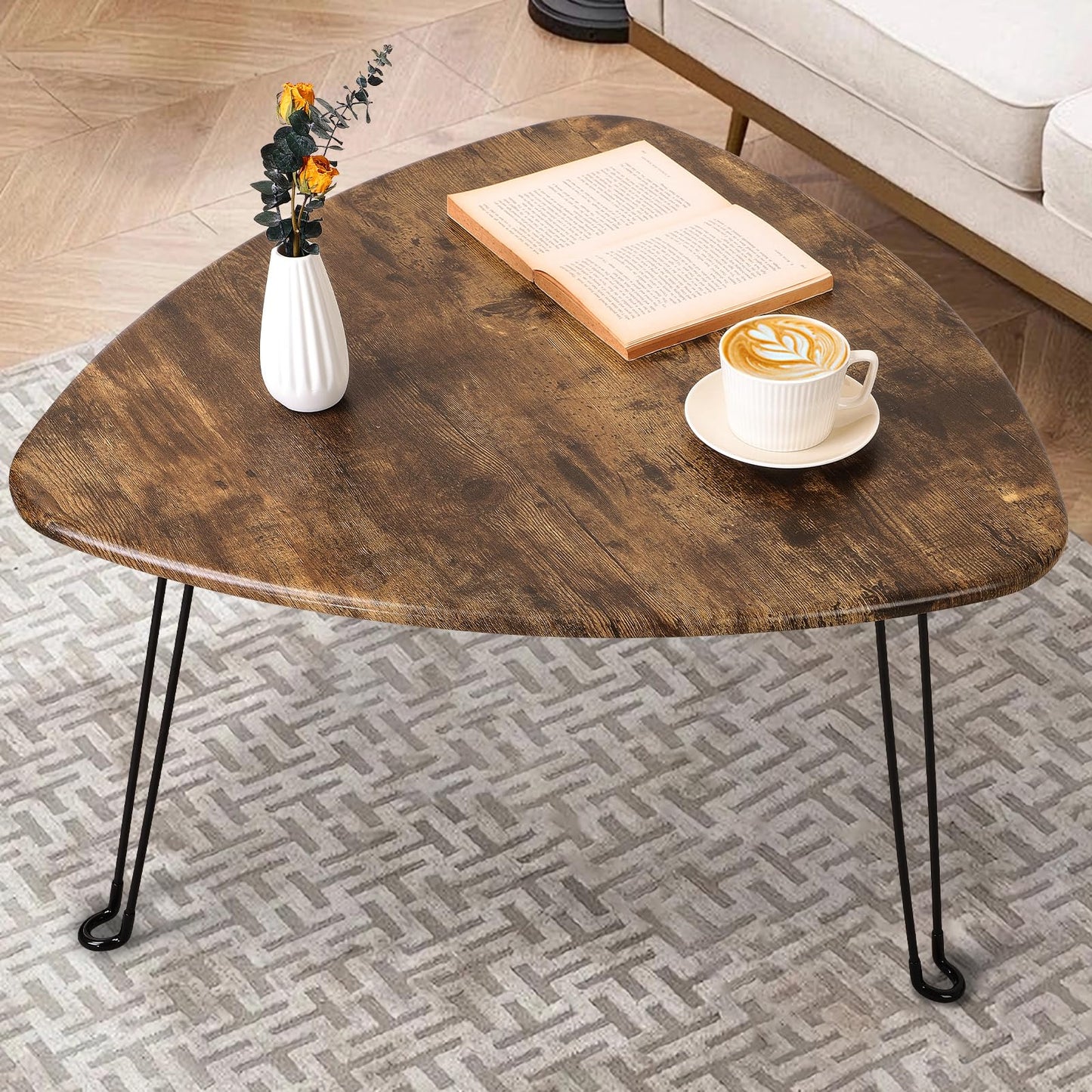 FEUFOAM Folding Coffee Table Triangle Designs Oval Coffee Tables Mid Century Wooden Triangular Accent Table with Metal Legs Foldable Industrial Sofa