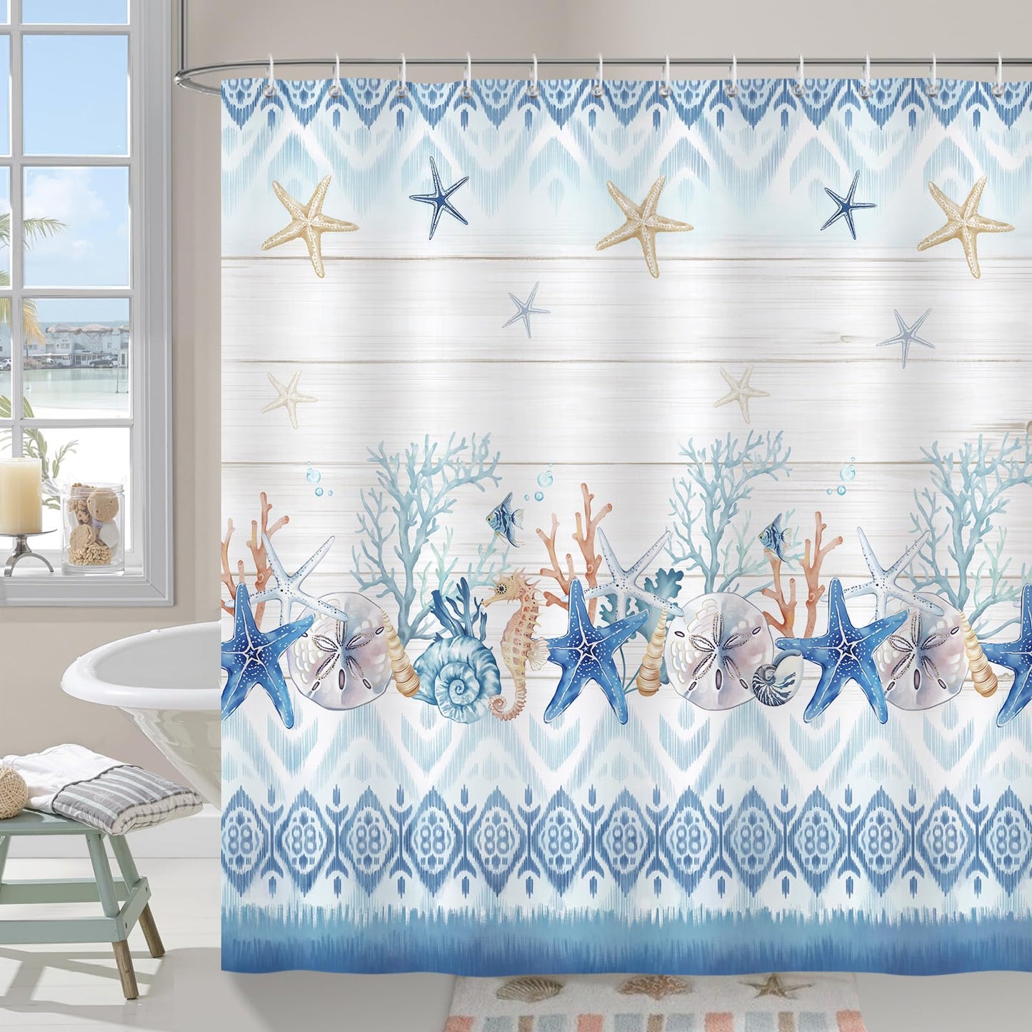 COZZSNUGE Coastal Shower Curtain, Beach Themed Starfish Coral Seashell Fish Blue Ocean Bathroom Curtain 180 x 180 cm