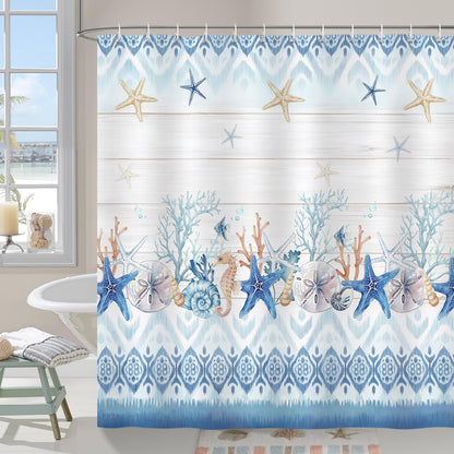COZZSNUGE Coastal Shower Curtain, Beach Themed Starfish Coral Seashell Fish Blue Ocean Bathroom Curtain 180 x 180 cm