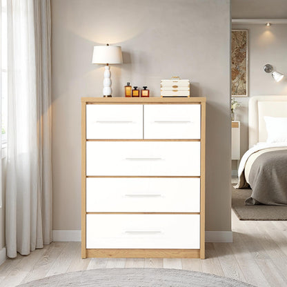 Seconique Seville 3+2 Drawer Chest in White Gloss/Light Oak Effect Veneer