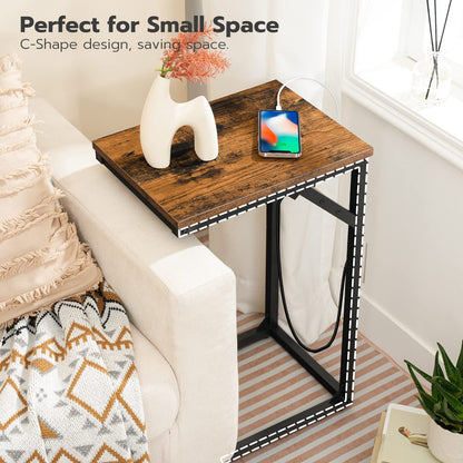 HOOBRO C Shaped Side Table, Sofa Table with Charging Station, Laptop Table for Sofa, 2 USB Ports 2 AC Outlets, Narrow Bedside Table with Power, Living