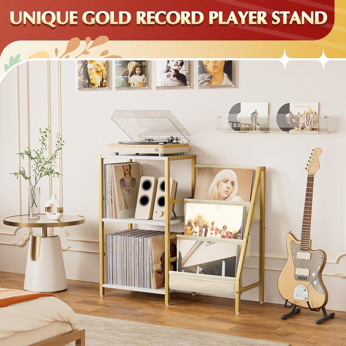 Bikoney Record Player Stand with 3-Tier Vinyl Storage for 200 LPs - Gold