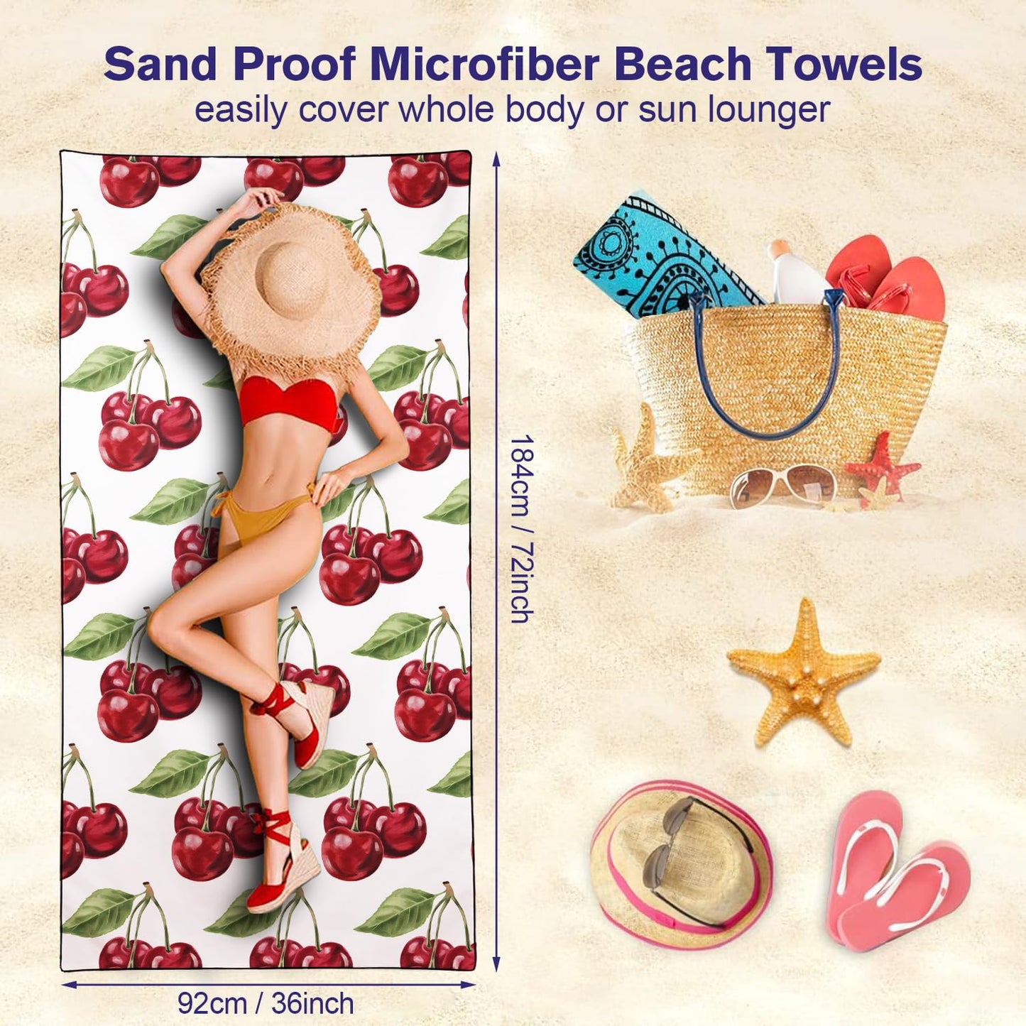 Violetpos Cherry Print Beach Towel, Extra Large 180x90 cm 250GSM Microfibre, Sand Free Quick Dry