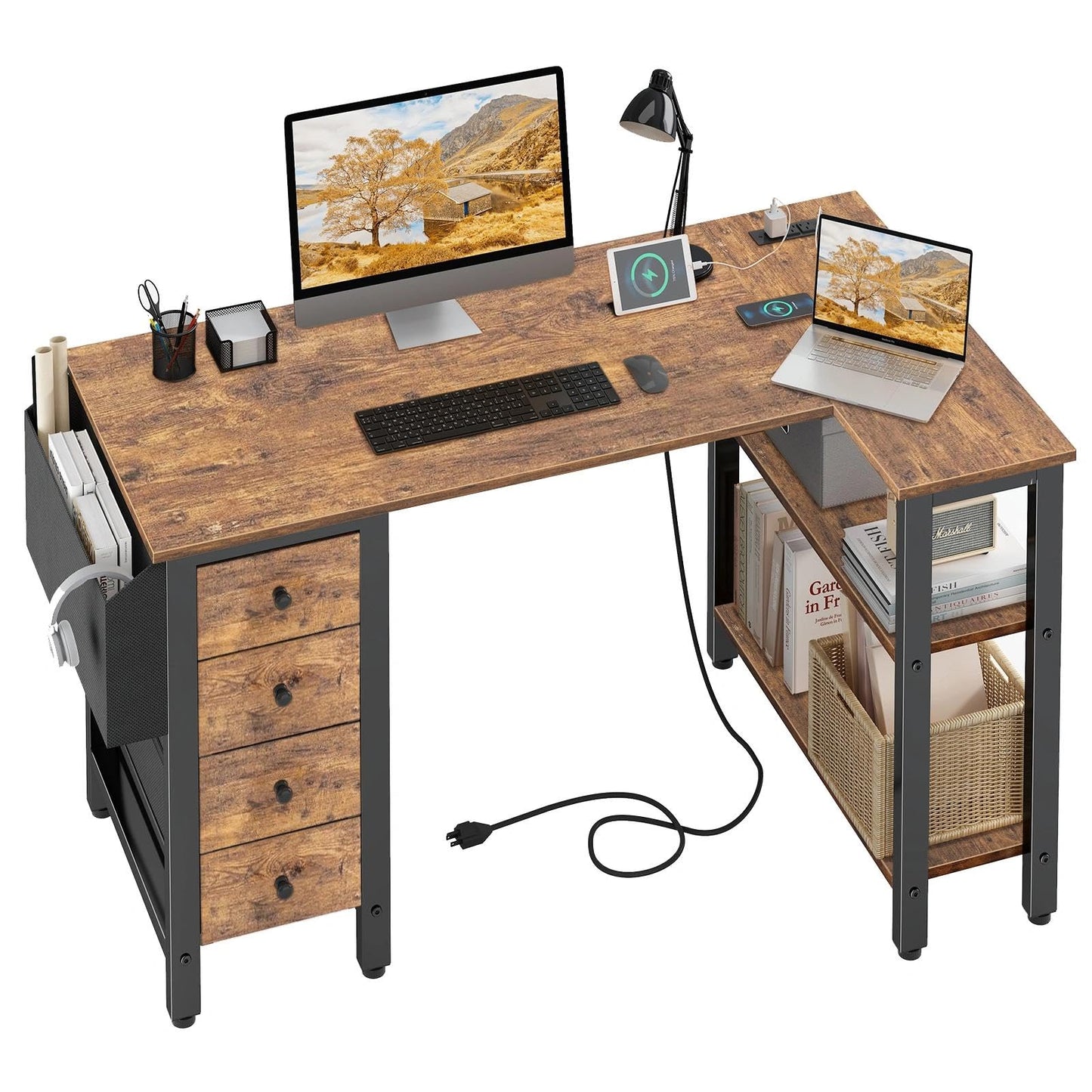 Lufeiya L Shaped Desk with Drawers & Storage Shelves, 120CM Small Reversible Corner Desk with UK Power Outlet for Home Office Bedroom