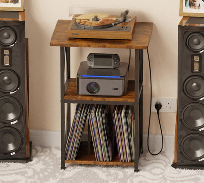 HFHOME 2025 Upgraded Extended Tabletop Record Player Stand with Charging Station, 3 Tier End Table with Vinyl Record Storage