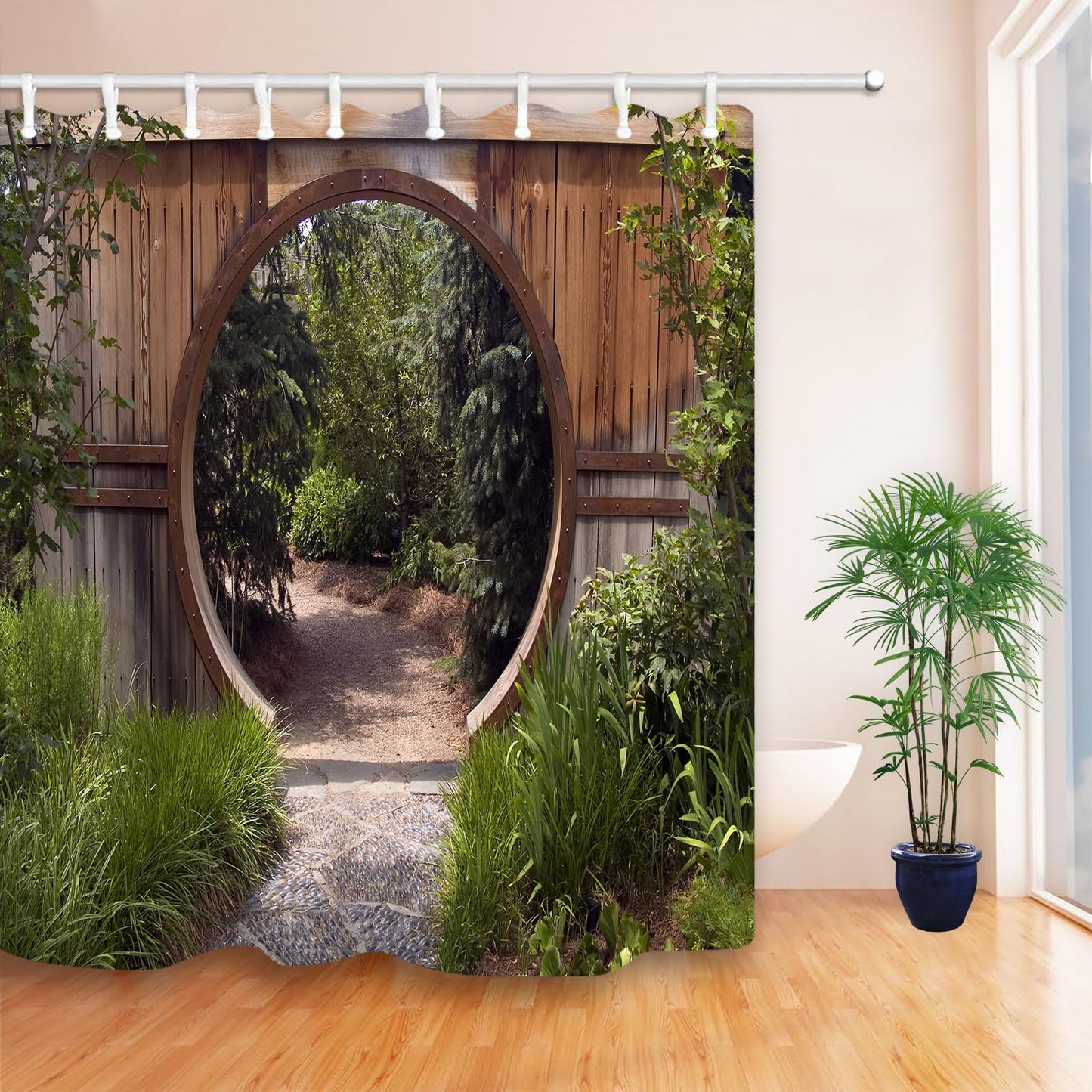 JOOCAR Japanese Shower Curtain Authentic Circle Rustic Doorway Gate Opening to National Park Sublime Habitat Bath Curtain Green Brown Waterproof