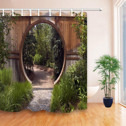 JOOCAR Japanese Shower Curtain Authentic Circle Rustic Doorway Gate Opening to National Park Sublime Habitat Bath Curtain Green Brown Waterproof