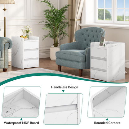 YITAHOME Bedside Table with 3 Drawers and Power Station, Modern Nightstand End Table, Water-Resistant Storage Side Table for Living Room and Bedroom