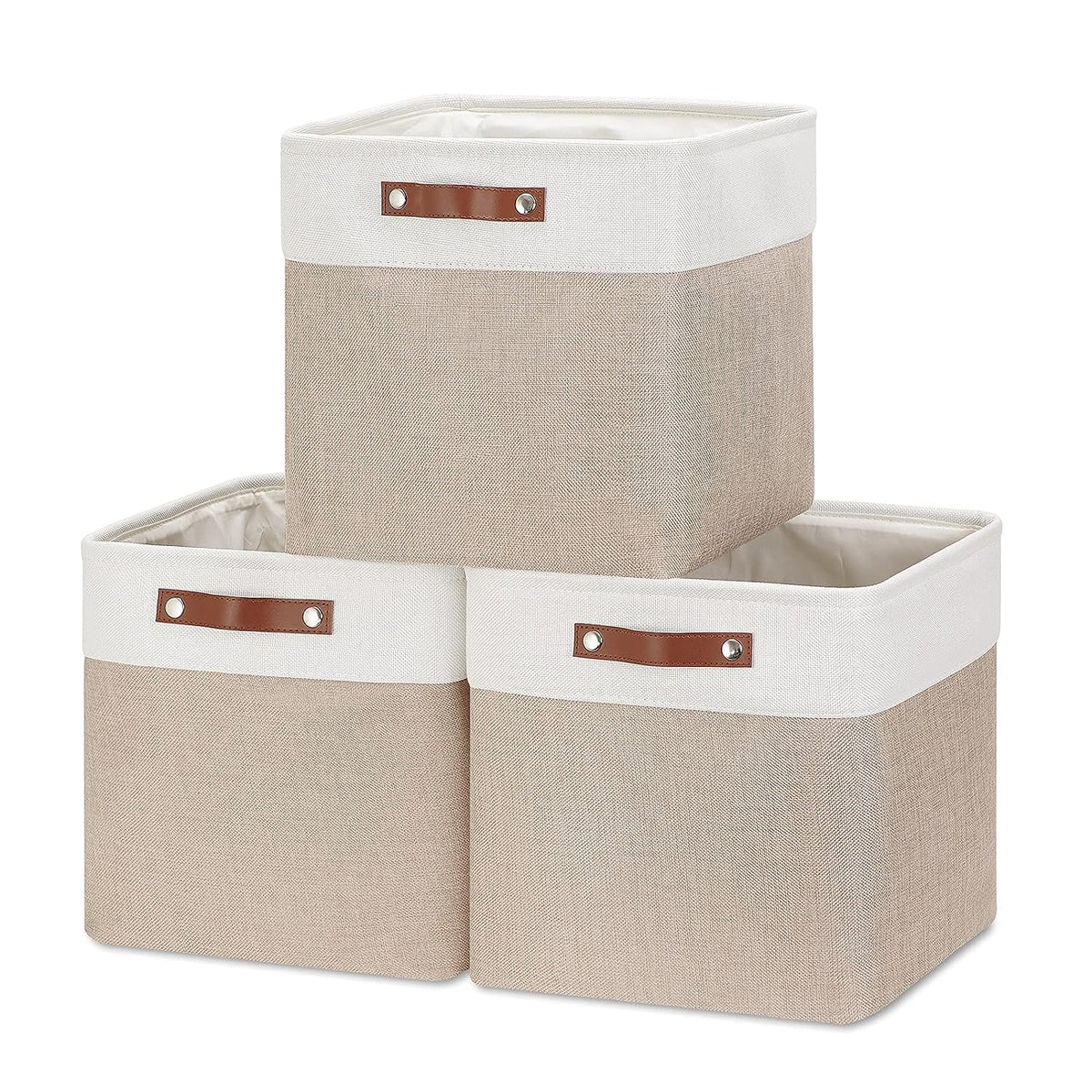 Mangata Collapsible Storage Cube Boxes, 30cm Cube Linen Woven Fabric Storage Baskets with Leather Handles 3pcs (Light Khaki and White)