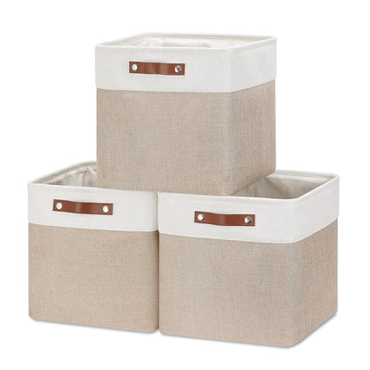 Mangata Collapsible Storage Cube Boxes, Linen Woven Fabric Storage Baskets, Cube Closet Organizer with Leather Handles (Light Khaki and White)