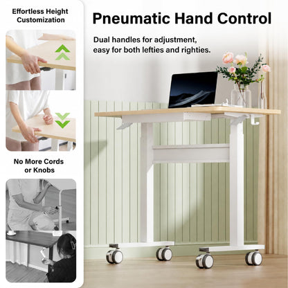 Mobile Standing Desk, Pneumatic Height Adjustable Desk, Light wood