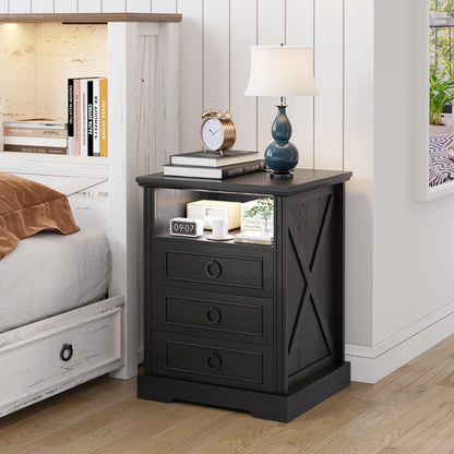 FREDEES LED Bedside Table with Charging Station, Black