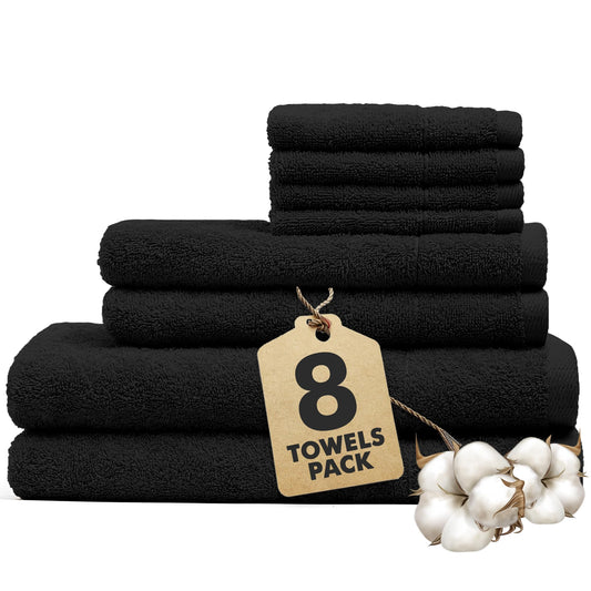 Novo Home Bath Towels Set of 8 ? 100% Cotton Black Towel Set Bale Includes 2 Bath, 2 Hand, 4 Face Towels ? Soft, Absorbent & Quick Dry Towel for