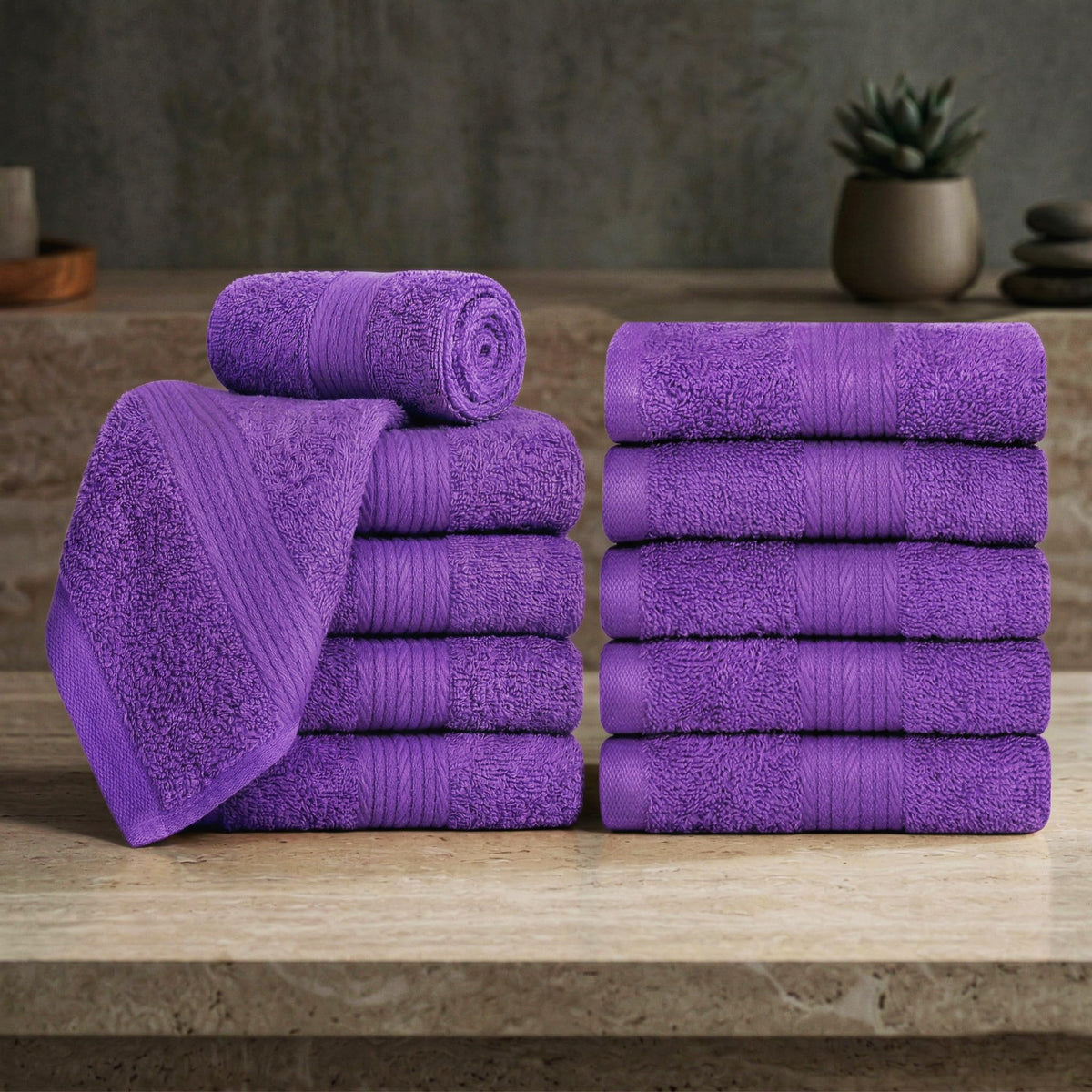 Ample Decor Cotton Washcloths Set 10, 30 X 30 cm, 100% Cotton Premium Quality Flannel Face Cloths, Highly Absorbent Fingertip Towels - Purple