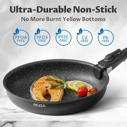 BEZIA Induction Hob Pans Set, Nonstick Pots and Pans Set 10 Pieces, Saucepan Sets with Detachable Handles, Stackable Cookware Set for All Hobs
